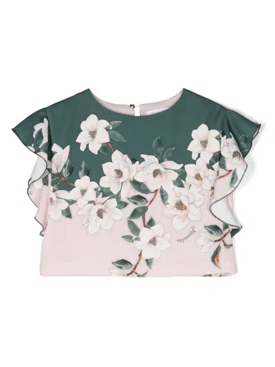 Monnalisa Floral Short-sleeve Ruffled Blouse In Rosa/verde