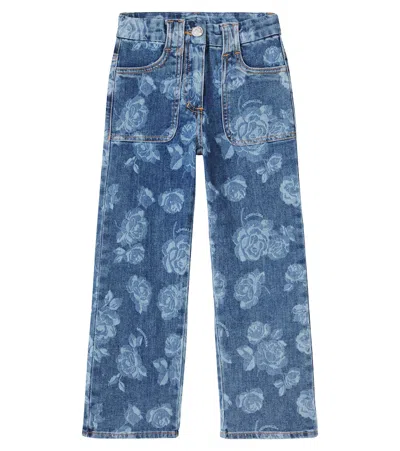 Monnalisa Kids' Floral Straight-leg Jeans In Blue