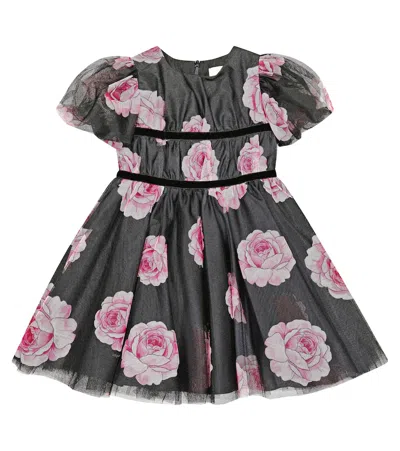 Monnalisa Kids' Floral Tulle Dress In Nero