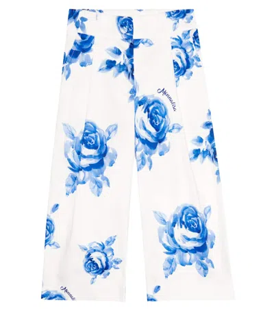 Monnalisa Kids' Floral Wide-leg Cotton Pants In Panna+blu
