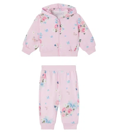 Monnalisa Floral Zip-up Hoodie And Sweatpants Set In Pink