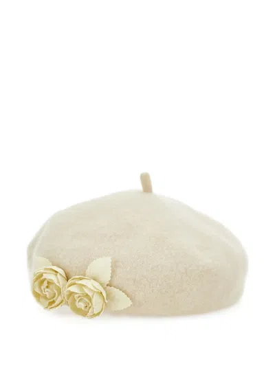 Monnalisa Kids' Floral-appliqué Pearl-embellished Beret In Neutral