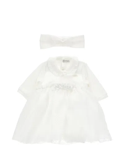 Monnalisa Babies' Floral-embellished Ruffled-collar Dress And Headband Set In White