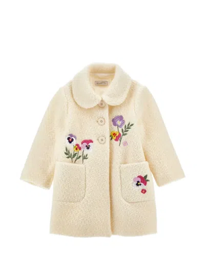Monnalisa Kids' Floral-embroidered Bouclé Coat In Neutrals