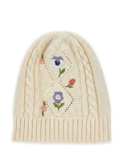 Monnalisa Floral-embroidered Cable-knit Beanie Hat In Neutral