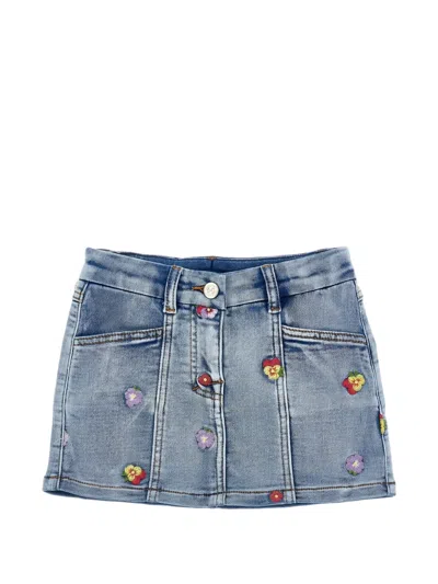 Monnalisa Kids' Floral-embroidered Denim Skirt In Blue