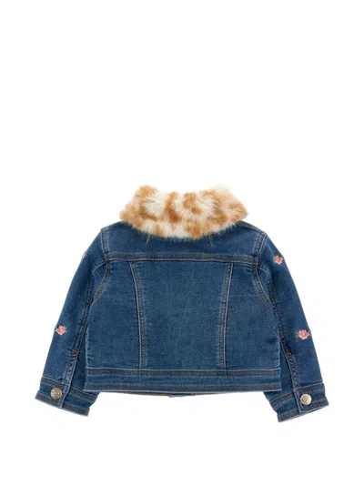 Monnalisa Babies' Floral-embroidered Faux-fur-collar Denim Jacket In Blue