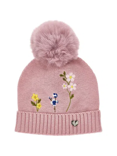 Monnalisa Babies' Floral-embroidered Pompom Beanie Hat In Brown
