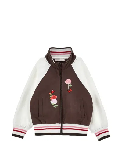Monnalisa Kids' Floral-embroidered Raglan-sleeve Jacket In Brown