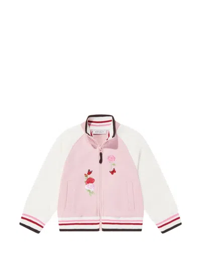 Monnalisa Kids' Floral-embroidered Striped-trim Jacket In Pink