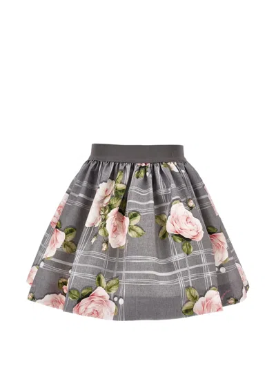 Monnalisa Kids' Floral-print Checked Gathered Skirt In Gray