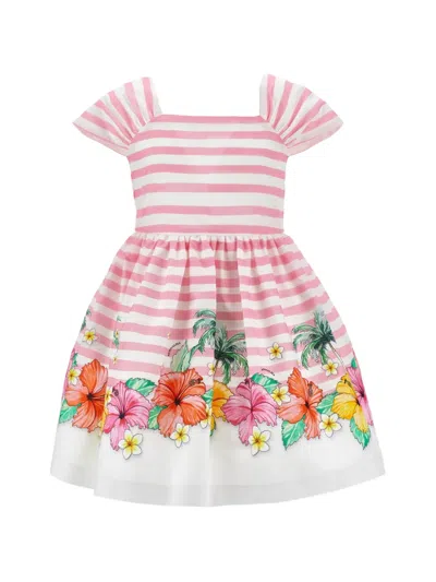 Monnalisa Kids' Floral-print Striped Dress In White