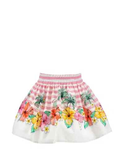 Monnalisa Kids' Floral-print Striped Skirt In White