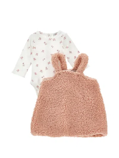 Monnalisa Babies' Floral-print Teddy-texture Dress Set In White