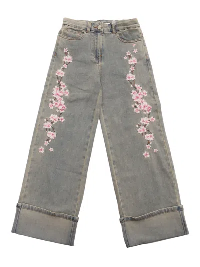 Monnalisa Kids' Flower 5 Pockets Pants In Gray