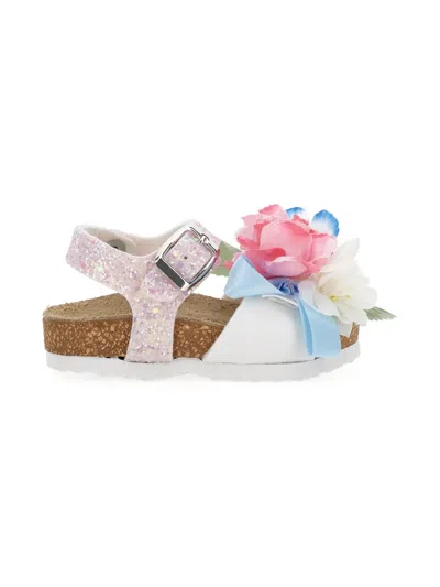 Monnalisa Babies' Flower-appliqué Glitter Sandals In Multi