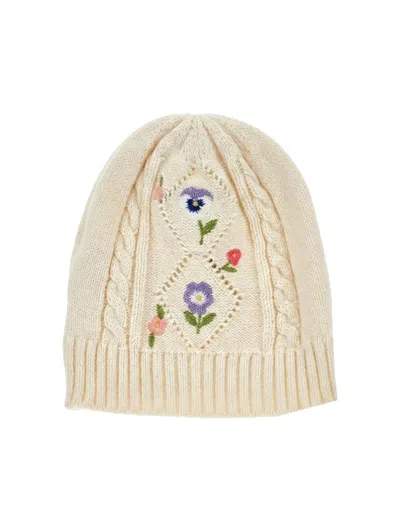 Monnalisa Babies'  Flower Embroidery Hat In Neutral