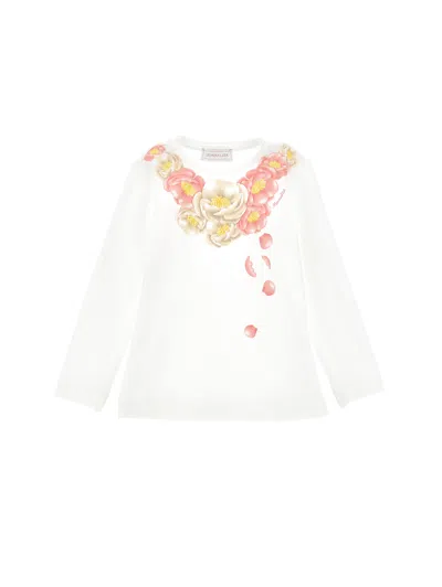 Monnalisa Kids'   Flower Necklace Cotton T-shirt In Cream