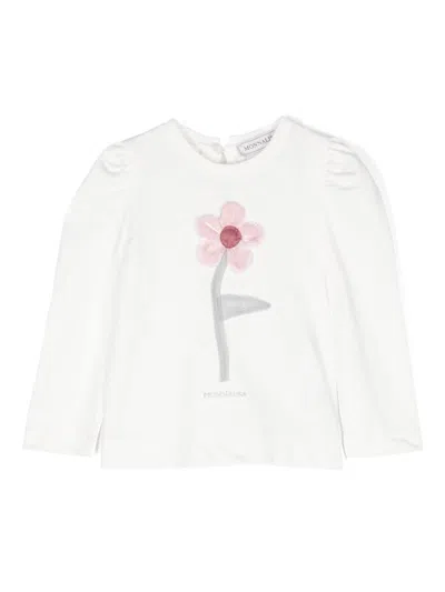 Monnalisa Babies' Flower Pie De Poul Cotton T-shirt In 白色