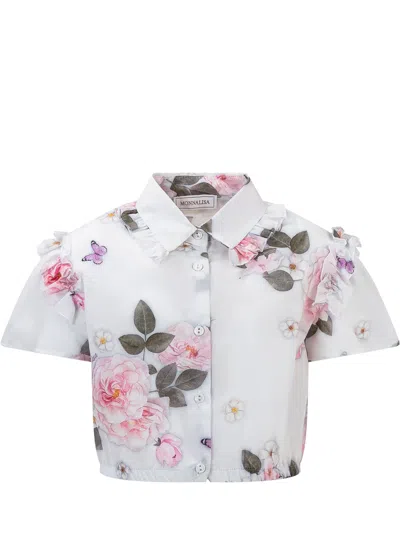 Monnalisa Kids' Flower Shirt In Bianco