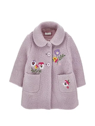 Monnalisa Kids' Flower-embroidered Bouclé Coat In Purple