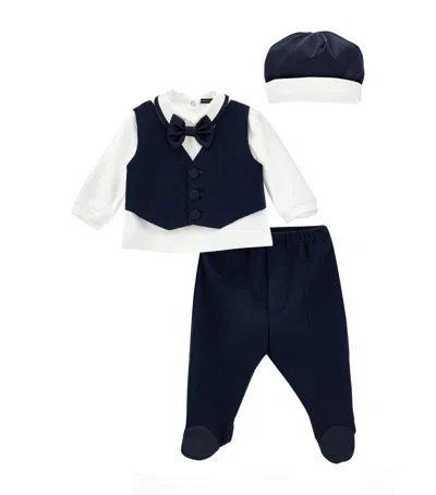 Monnalisa Babies' Formal Shirt, Waistcoat, Trousers, Hat And Bow Tie Set In Blue
