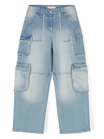 Monnalisa Kids' Frayed-detailing Cargo Jeans In Blue