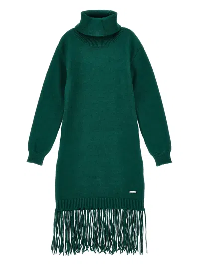 Monnalisa Kids' Fringed Knitted Dress In Green