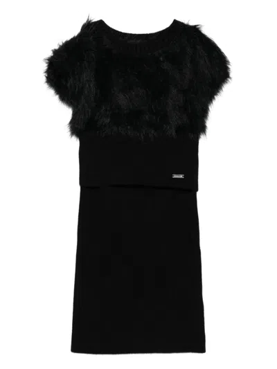Monnalisa Kids' Fur-trimmed Ribbed Dress In Black
