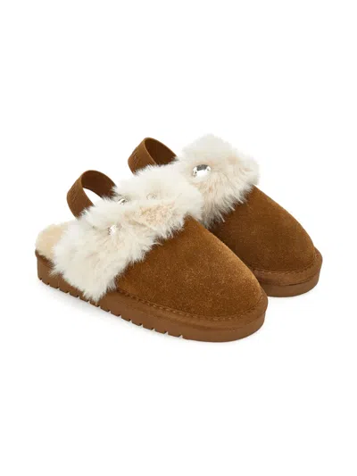 Monnalisa Kids' Fur-trimmed Slippers In Brown