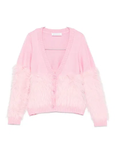 Monnalisa Kids' Furry-trimmed Knit Cardigan In Pink