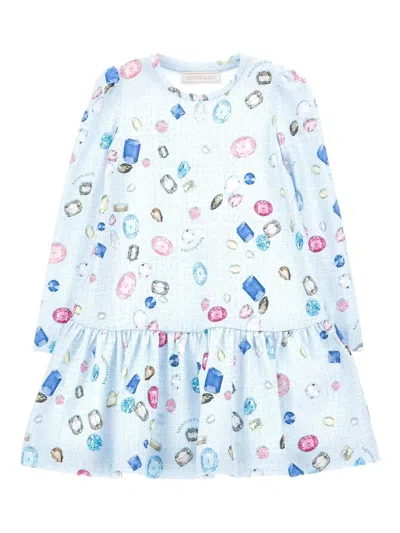 Monnalisa Kids' Gemstone-print Drop-waist Dress In Blue
