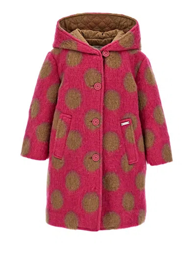 Monnalisa Kids'   Polka Dot Boiled Wool Coat In Fuchsia + Ecrù