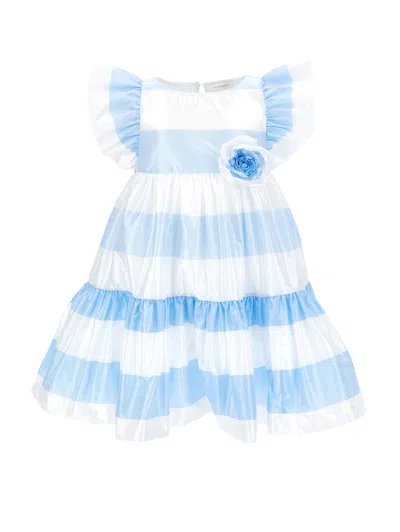 Monnalisa Kids'   Striped Taffeta Dress In Cream White + Sky Blue