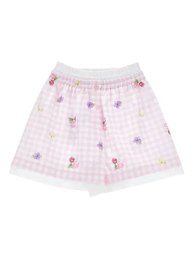 Monnalisa Gingham Floral Mini Shorts With Elegant Waistband In Multi