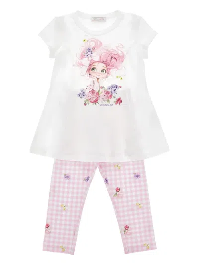 Monnalisa Kids' Gingham Floral-print Trousers Set In Multi