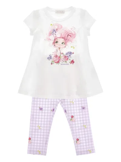Monnalisa Kids' Gingham-pattern Floral Trousers Set In White