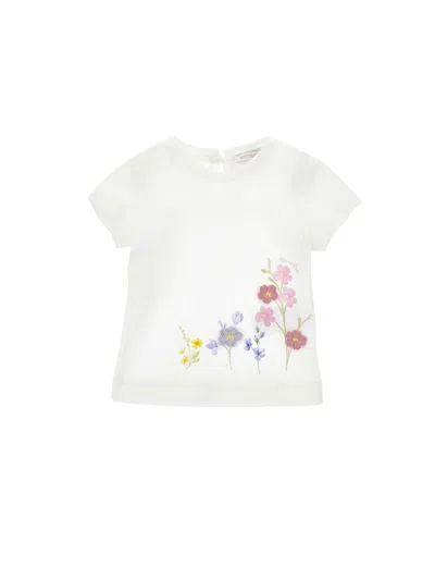 Monnalisa Girl's Cotton T-shirt With Floral Embroidery And Back Button Closure In Bianco