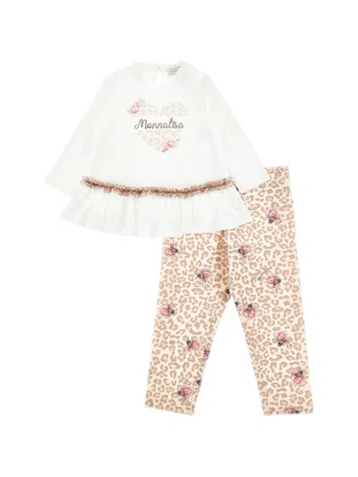 Monnalisa Girl Leopard Heart Maxi T-shirt And Leggings Set In Brown