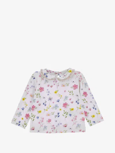 Monnalisa Girl's Long-sleeve Floral Cotton T-shirt With Gathered Collar In Lilla