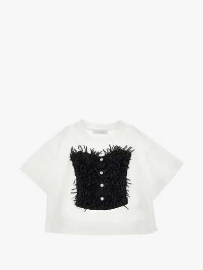 Monnalisa Girl's Mini Crew Neck T-shirt With Fringed Button Front In Bianco