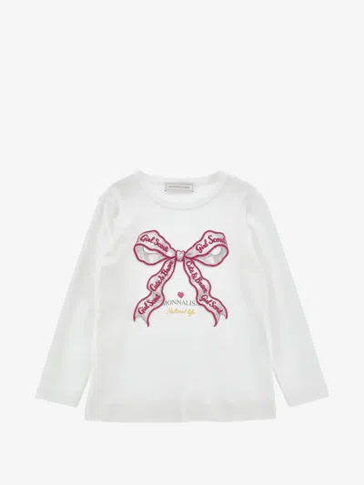 Monnalisa Girl Scout Lettering Long-sleeve Top With Decorative Bow In Bianco
