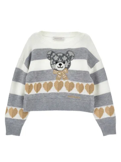 Monnalisa Girls Bear Intarsia Knit Sweater In Multicolor