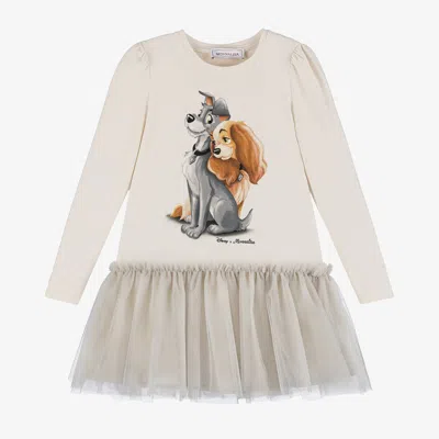 Monnalisa Kids' Girls Beige Cotton Disney Dress In Ivory