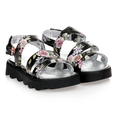 Monnalisa Kids' Girls Black Floral Sandals