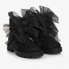 Monnalisa Girls Black Suede Leather Bow Boots In Black