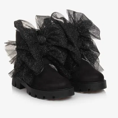 Monnalisa Kids' Girls Black Suede Leather Bow Boots