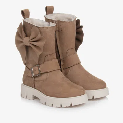 Monnalisa Kids' Girls Brown Suede Leather Bow Boots