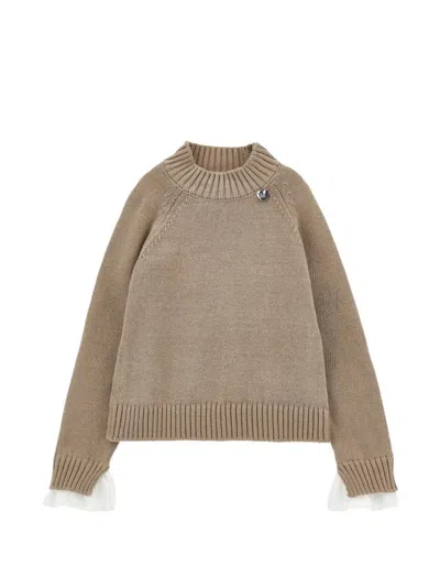 Monnalisa Girls Cotton And Wool Knit Sweater With Ribbed Crew Neck And Ruffle Cuffs In Beige
