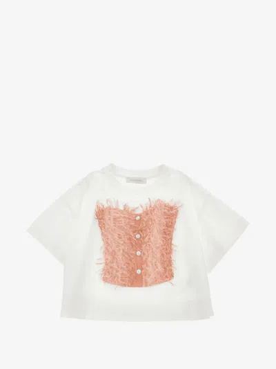 Monnalisa Girls' Crew Neck Mini T-shirt With Fringe And Buttoned Front In Bianco